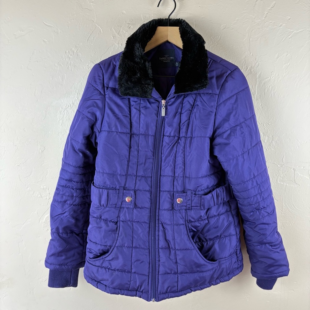 Faded Glory Purple Puffer Coat Black Faux Fur Collar Women’s Medium 8-10